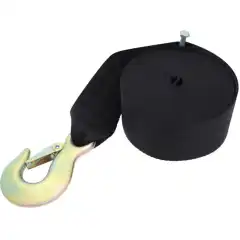 <p>50 mm bredt b&aring;nd for vinsj med festebolt og krok.</p>
