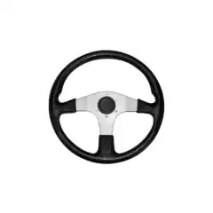 Rattet har et tre-eikers design med mykt sort grep og s&oslash;lveiker.