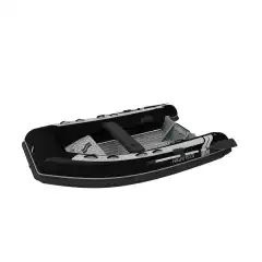 Lett RIB med dobbeltbunn aluskrog og tofte. Sort tube, gr&aring;tt skrog.