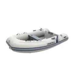 Lett RIB med enkeltbunn aluskrog og tofte. Lys gr&aring; tube, hvitt skrog.