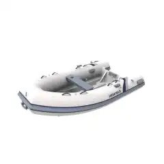 <p>Lett RIB med enkeltbunn aluskrog og tofte. Hvit tube, hvitt skrog.</p>
