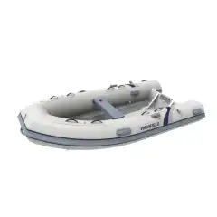 Lett RIB med enkeltbunn aluskrog og tofte. Lys gr&aring; tube, hvitt skrog.