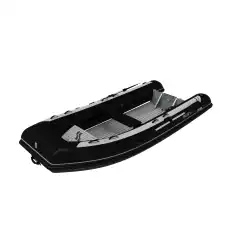 Lett RIB med dobbeltbunn aluskrog og tofte. Sort tube, gr&aring;tt skrog.