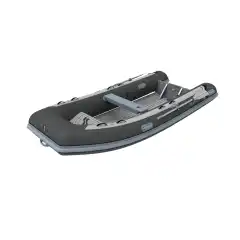 Lett RIB med dobbeltbunn aluskrog og tofte. M&oslash;rk gr&aring; tube, gr&aring;tt skrog.