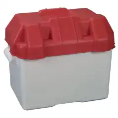 Batteriboks til standard st&oslash;rrelse start- og forbruksbatterier. Hvit boks og r&oslash;dt deksel.