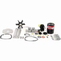 Oljefilter, bensinfiltere, oljedreneringspakning, girhuspakninger, termostat, pakning, tennplugger, impeller kit og anoder.