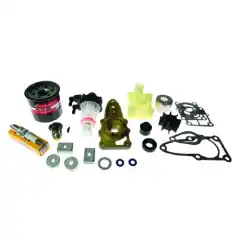 Oljefilter, bensinfilter, termostat, impellerkit, tennplugger, anoder og pakninger.