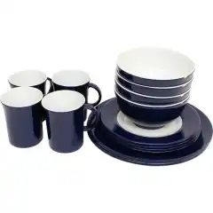 <p>Servise "Navy Blue" i melamin pakket i gaveboks. Det har anti-skli og passer utmerket til b&aring;t, bobil, camping og lignende.</p>
