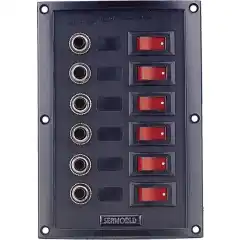 <p>Seks belyste brytere med automatsikringer.</p>
