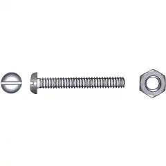 Maskinskrue DIN 84 i syrefast st&aring;l med sylinderhode og rett spor. Leveres med mutter DIN 934. Blisterpakket.