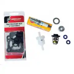 Oljefilter, bensinfilter, termostat, impellerkit, tennplugger, anoder og pakninger.