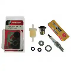 Oljefilter, bensinfilter, termostat, impellerkit, tennplugger, anoder og pakninger.