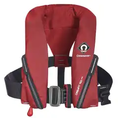 En kompakt oppbl&aring;sbar redningsvest fra Crewsaver - designet med 3D-teknologi. Med harness, beregnet for barn.