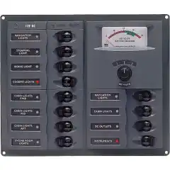 <p>12V voltmeter panel med 12 brytere/sikringer.</p>
