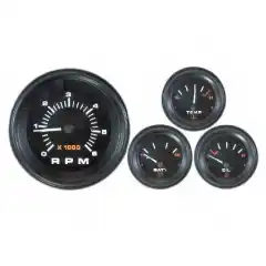 Mercury International II Black instrumentsett komplett med 4 analoge instrumenter med lys for innenbords diesel motorer.